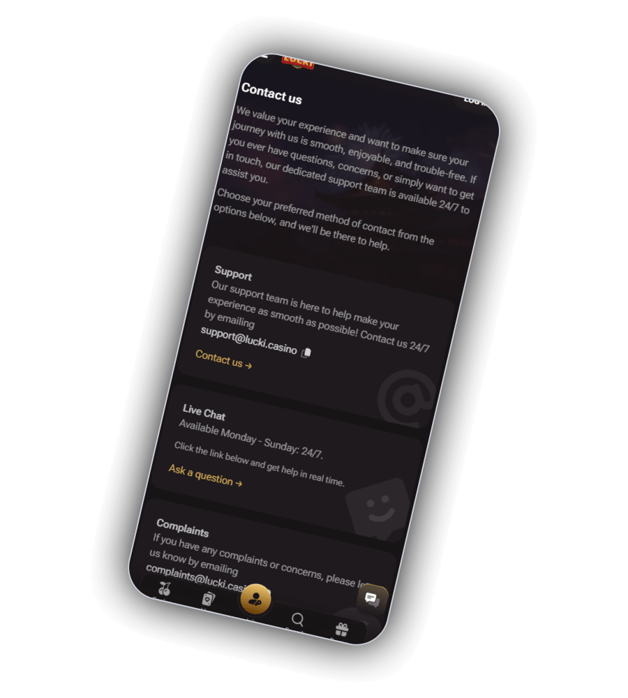 The Lucki contact area with live chat, the contact form and the help centre