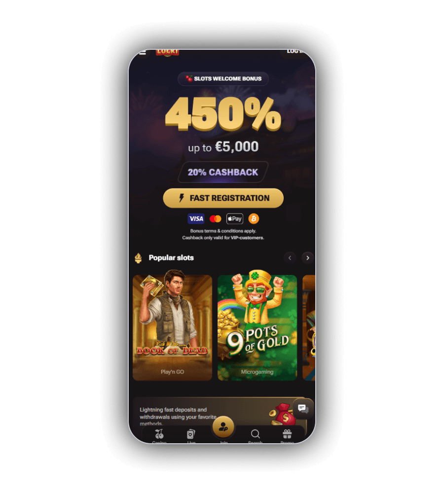 The Lucki opening page with the 450 percent slots package above the popular slots row